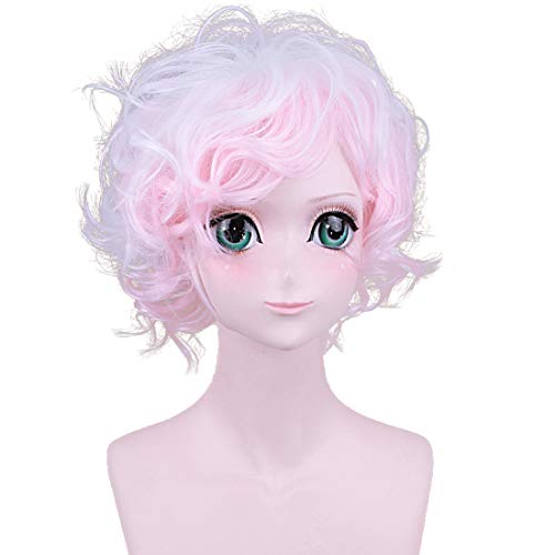 Cosplay Short White Mix Pink Curly Party for Women Girls Synthetic Hair Natural Looking Wig
