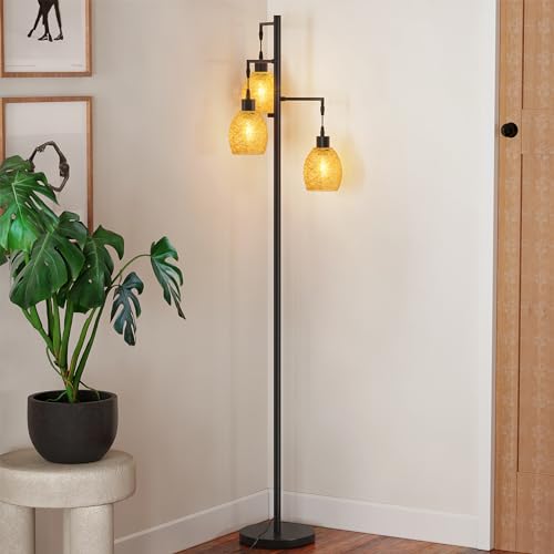 Image of SUNMORY Dimmable Floor Lamp, 68 Inch Tall Lamps for Living Room, Standing Lamp with 3 x 6w LED Bulbs, Tree Lamp, Farmhouse Industrial Floor Lamp for Bedroom, Office, Black & Rattan Shade