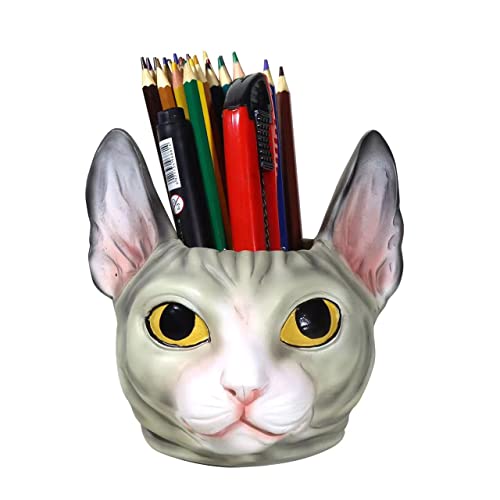 Cute Gray Sphynx Hairless Cat Desk Pen Pencil Holder Pen Cup Makeup Brush Holder Dressing Table Office Desk Organizer Storage Box Plant Pot