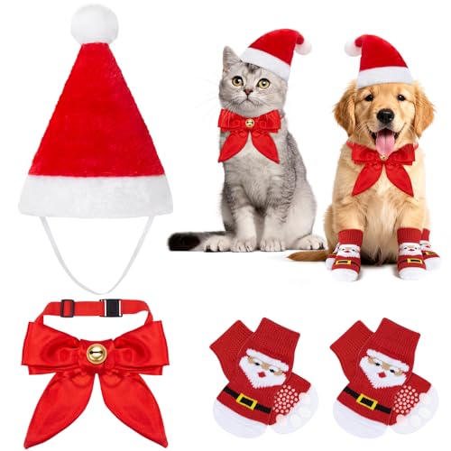 MELLIEX 3 Stück Katzen Hunde Weihnachtskostüm, Hundekostüm Katzenkostüm Weihnachten mit Weihnachtsmützen Verstellbare Rote Fliege Haustiersocken für Katzen und Kleine Hunde