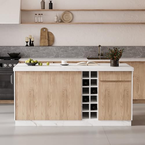 homary 72'' Kitchen Island with Storage Japandi Style Wood Islands with Seating and LED Light in Gray (Kitchen Island, White)