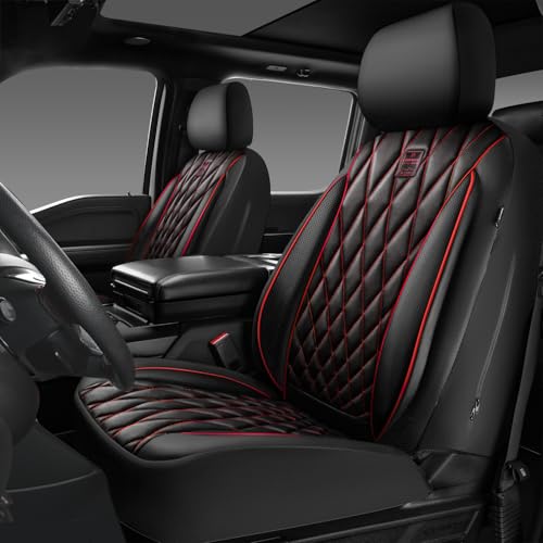 Image of CAR PASS Piping Luxury PU Leather Two Front Car Seat Covers, Waterproof Anti Slip Seat Covers Compatible with Front Seat Armrests,Universal Fit for Suvs,Vans,Trucks,Airbag Compatible(Black and Red)