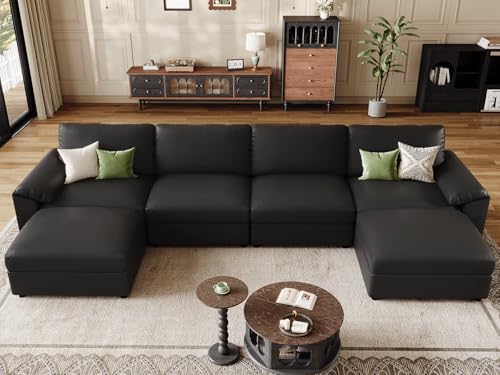 Image of EASE MOOSE Oversized Modular Sectional Sofa,Leather Sectional Couch with Deep Seat, Classic Extra Large U Shaped Couch,Faux Leather Material Sofa Comfy Scratch Resistant for Living Room,Black