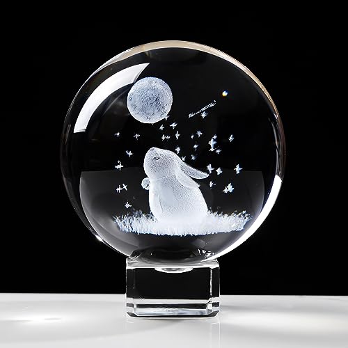 6cm/2.36 in. Crystal Ball 3D Rabbit and Moon Ornament Gifts, Engraved Glass Bunny Figurine Collectible Paperweight, Keepsake for Rabbit Lovers on Birthday Christmas