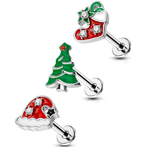 OUFER 16G Surgical Steel Lip & Cartilage Piercing Jewelry Set – 3PCS Christmas-Themed Lip Rings, Helix, and Tragus Earrings for Women and Men Christmas Tree 3PCS 16g 8mm