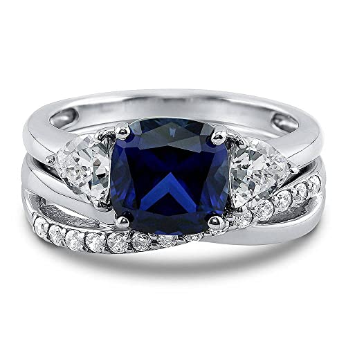 BERRICLE Sterling Silver 3-Stone Wedding Engagement Rings 3 Carat Simulated Blue Sapphire Cushion Cut Cubic Zirconia CZ Infinity Ring Set for Women, Rhodium Plated2