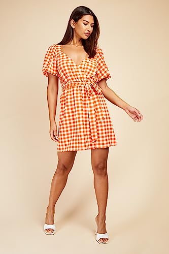 Little Mistress Orange Gingham Puff Sleeve Mini Wrap Dress, 16 - Image 2