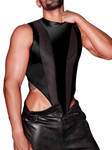 Mens Sexy Lingerie, Hook Crotch Thong High Cut Bodysuit Top Rave Outfit, Glossy Mock Neck Sheer Singlet Muscle Suit