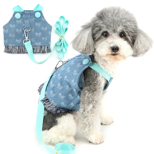 Zunea Denim Dog Dresses Harnesses and Leash Set for Small Dogs Cute Bowknot Puppy Girl Vest Harness No Pull Soft Jean Chihuahua Toy Poodle Jacket Clothes Pet Apparel for Doggy Yorkie Lightblue L