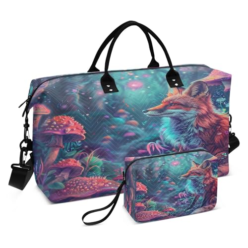 Fox Travel Gym Bag, Fox Mushrooms Illustration Weekender Overnight Duffle for Women with Toiletry Bag Travel Swim