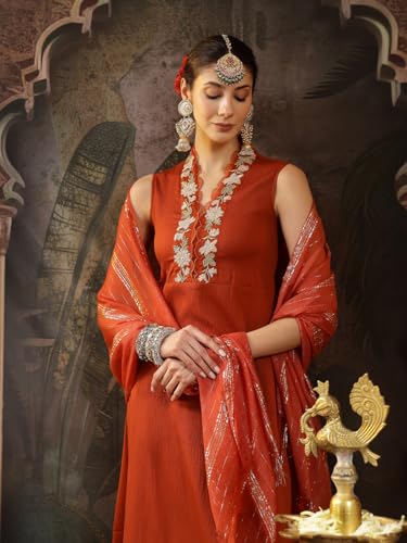 Image of Stylum Women's Solid & Embroidered Crepe A-Line Kurta with Dupatta