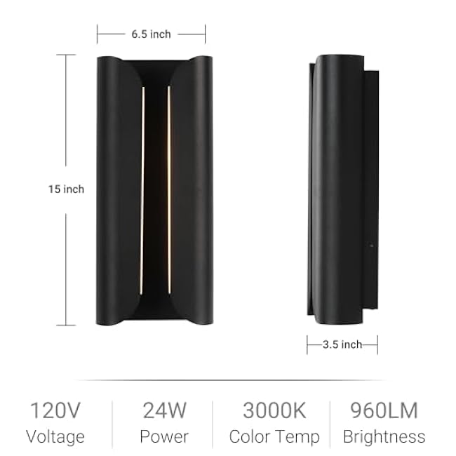 Modern Outdoor Wall Light Fixture, LED 24W 3000K Porch Large Wall Sconce Lamp, Waterproof Patio Garage Mount, Sleek Matte Black Minimalist Contemporary Design