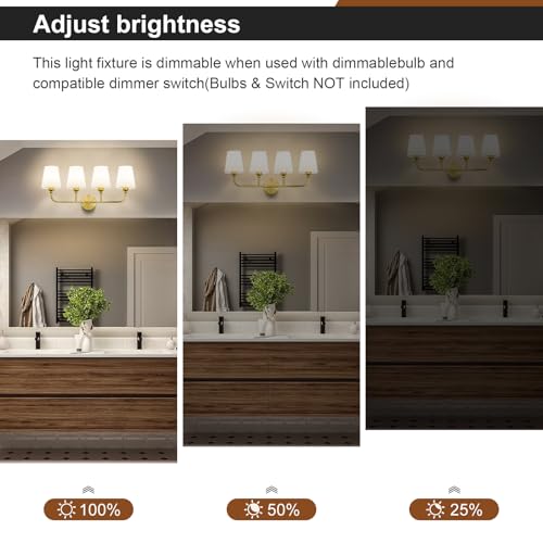 Image of Bathroom Vanity Light, Brushed Gold Bathroom Lighting Fixtures Over Mirror | 4-Light Bathroom Light Fixtures with Flared White Fabric Shade, E26 Socket (ETL Listed)