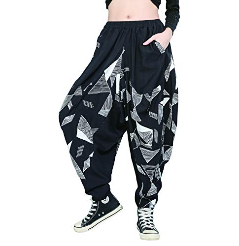ellazhu Women Fall Elastic Waist Geometric Patterns Genie Pants GY2021 Black