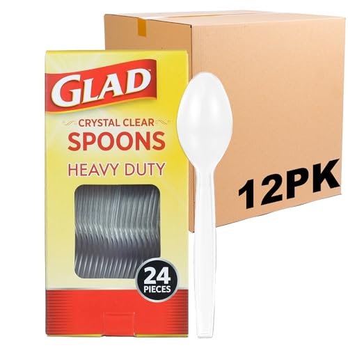 Glad Clear Plastic Spoons, Sturdy Disposable Plastic Cutlery for Parties, Events, Outdoor Meals, and Everyday Use, Clear Neutral Design Fits Any Table Setting, 24 Count - 12 Pack by Glad - Used condition - US$12.83