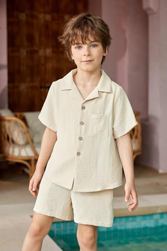 Image of Arshiner Boy's Button Down Shirt and Shorts Set Summer Short Sleeve Children Two Pieces Casual Outfits Beige 5-6Years
