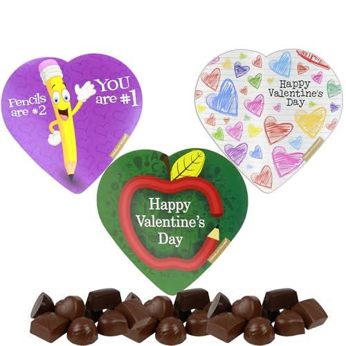 Needzo Valentine's Day Candy Classroom Themed Heart Shaped Box, Assortment of Chocolate Truffles, 3 Pack, 2 Ounces, Styles May Vary