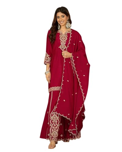 Image of SheWill Poly Chinon Zari Sequence Cording Embroide Kurta with Palazzo and Dupatta - Vibrant Set with Exquisite Detailing and Graceful Drape