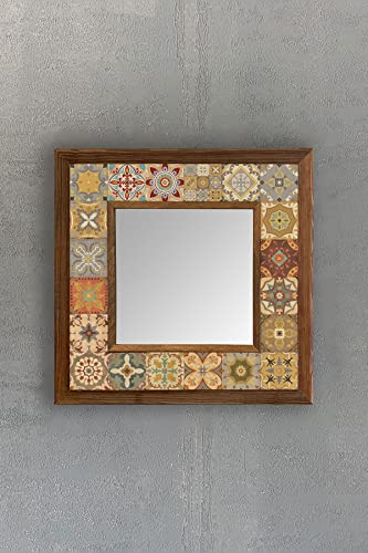 Oscar Stone Ahşap Çerçeveli Mozaik Doğaltaş Ayna 33 CM X 33 CM Dresuar Ayna