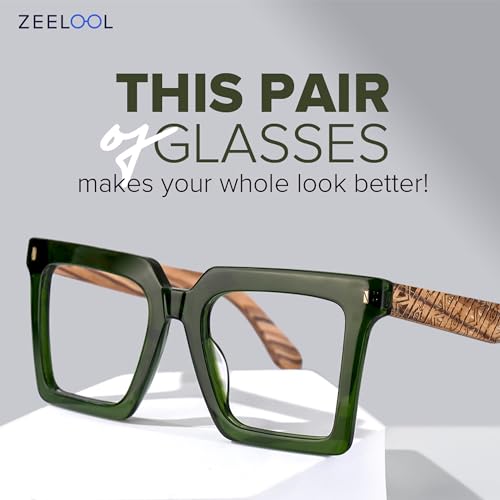 Image of Zeelool Vintage Square Wood Arm Eyeglasses Frame for Men with Non-prescription Clear Lens ZJGX320783-03 Green