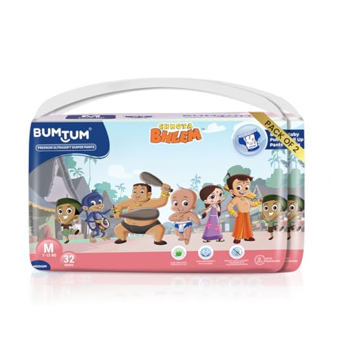Image of Bumtum Chota Bheem Medium Baby Diaper Pants, 64 Count, Leakage Protection Infused With Aloe Vera, Cottony Soft High Absorb Technology (Pack of 2)