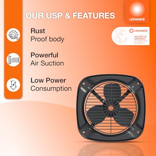 Image of LEDVANCE Metal Exhaust Fan 225mm (9 Inch) 100% Copper Motor| for Kitchen Bathroom & Washroom| High Speed Air Suction| Rust Proof Metal Body & Blades| Low Power Consumption| 2 Year Warranty
