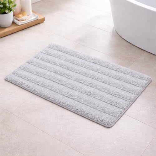 Image of Premium Combed Cotton Tufted Bathmat 45 x 65 cm, 1800 GSM Soft Absorbent Anti Skid Bathroom Floor Mat with Latex Backing, Quick Dry Non Slip Bath Rug for Shower & Daily Use, Stripes Silver