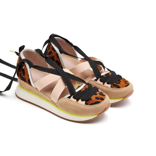 Offene Sneaker, Leopardenleder und Keilabsatz, Bast, Ludlow, leopard, 40 EU