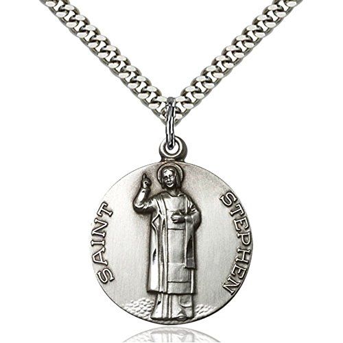 Sterling Silver Men's Patron Saint Medal of ST. STEPHEN - Includes 24 Inch Heavy Curb Chain - Deluxe Gift Box Included