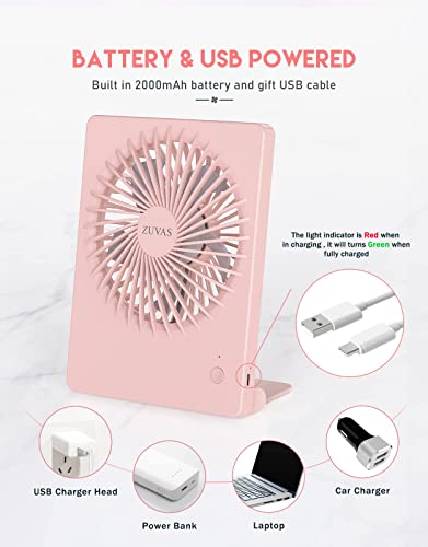 Zuvas Desk Fan Battery Operated Fan Rechargeable 180°Tilt Folding Personal Fan Ultra Quiet Small Portable Fan 3 Speed Adjustable Strong Wind Usb Fan For Office Bedroom Home Desktop Camping (Pink) #TOP4