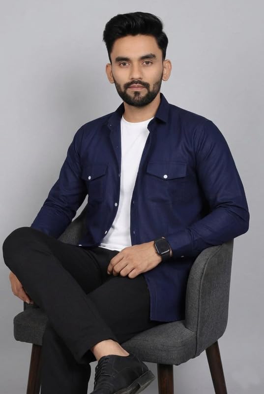 Image of DEELMO Men Solid Slim Fit Casual Overshirt Style Shirt | Full Sleeve Button-Down Layering Shirt Smart Casual Look