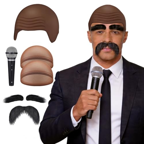 MealFlow Pro 6 Pieces Halloween Speaker Costume Include Brown Bald Cap Extended Microphone Mustache Eyebrows and Wig Hair Net for Men Women Adults Cosplay Costume and Masquerade