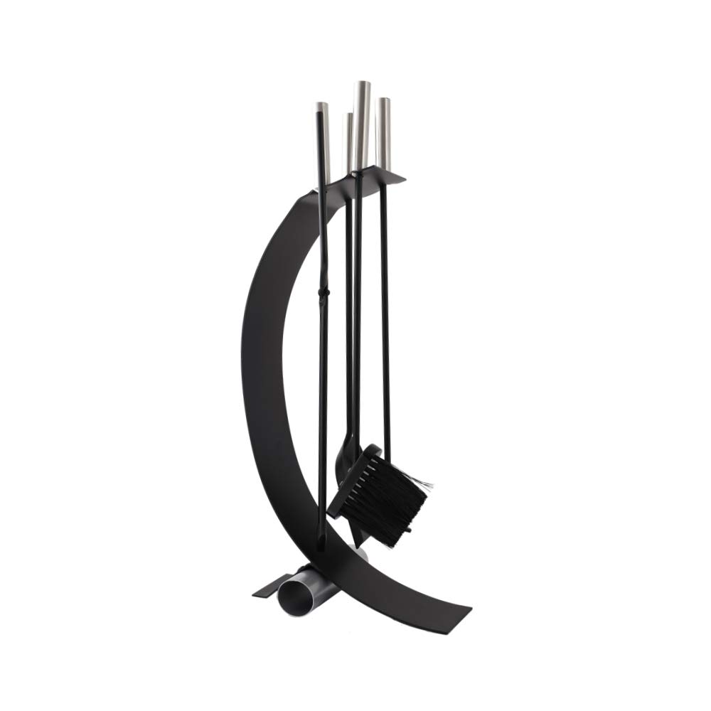 ADGO - Set di attrezzi per camino, 5 pezzi, stile moderno, poker, pennello, paletta, pinza, supporto in acciaio INOX, colore: Nero