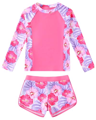 Image of Girls Rash Guard Long Sleeve Swimsuit 2 Piece Bathing Suit UPF 50+ Summer Beach Swimwear for Girl 5-14 Years
