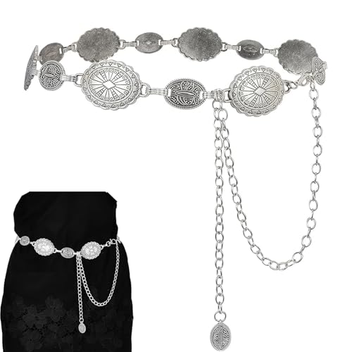 Silent-Qiaoyou Metalen kettingriem, boho-kettingriem voor dames, gouden kettingriem voor dames, metalen riem voor jurk, Zilver, Eén maat