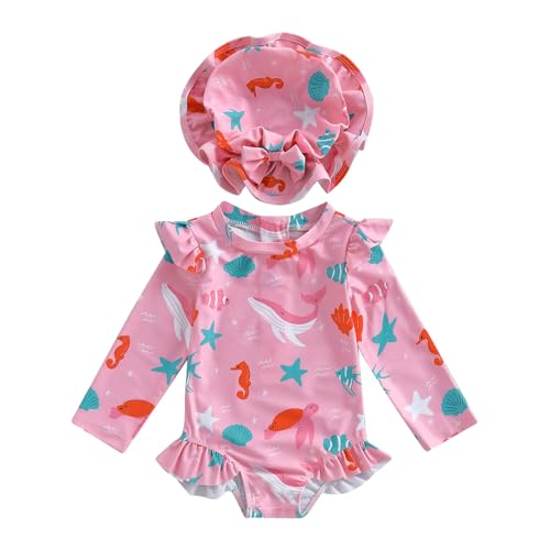 KMBANGI Toddler Baby Girl Cherry Swimsuit with Hat Striped Long Sleeve Rash Guard One Piece Bathing Suit Beach Essentials (Pink, 12-18 Months)