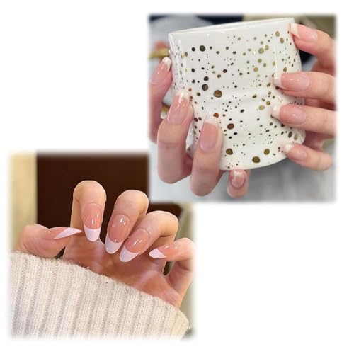 48Pcs（Two styles） Fake Nails, Press On Nails for Women, Soft Pink Gradient Almond Shape Artificial Nails, 2 Boxes with Jelly Glue, Easy to Apply for Wedding, Party