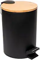LYOR - Lixeira Redonda De Metal Com Pedal e Tampa Em Bambu Preta 3L