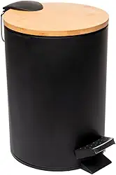 LYOR - Lixeira Redonda De Metal Com Pedal e Tampa Em Bambu Preta 3L