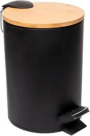 LYOR - Lixeira Redonda De Metal Com Pedal e Tampa Em Bambu Preta 3L