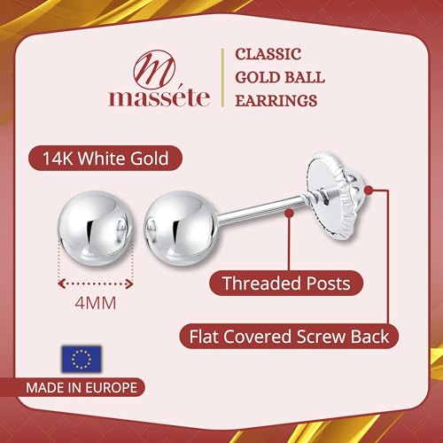 MASSETE Gold Ball Stud Earrings for Women and Girls Screwback | 10k, 14k, 18k | White Yellow or Rose Gold | 3mm 4mm 5mm | Nickel Free2