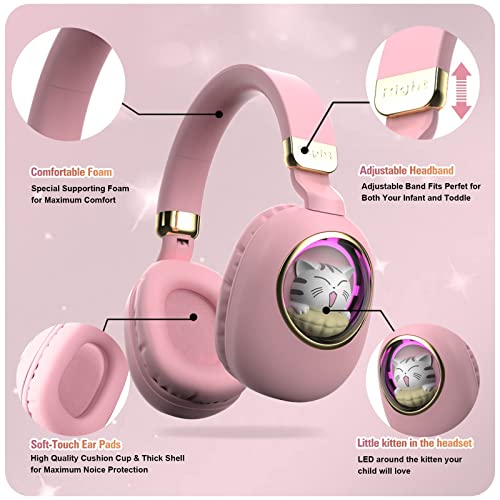 Girls Kids Headphones Wired - Pink Noise Cancelling Wireless Headphones For Kids For School - Over Ear Light Up Foldable Cat Bluetooth Gaming Headset With Microphone For Ipad Kindle Tablet Pc Travel #TOP5