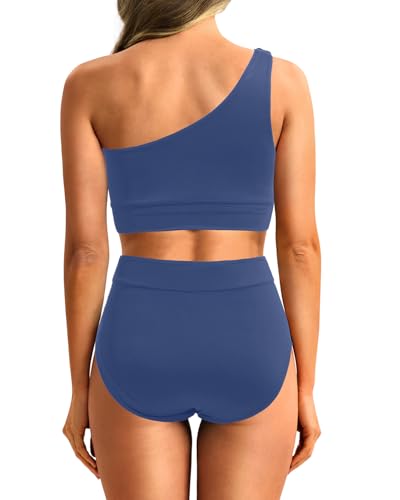 Image of Holipick Women One Shoulder High Waisted Bikini Set Two Piece Tummy Control Swimsuits Full Coverage Bathing Suit