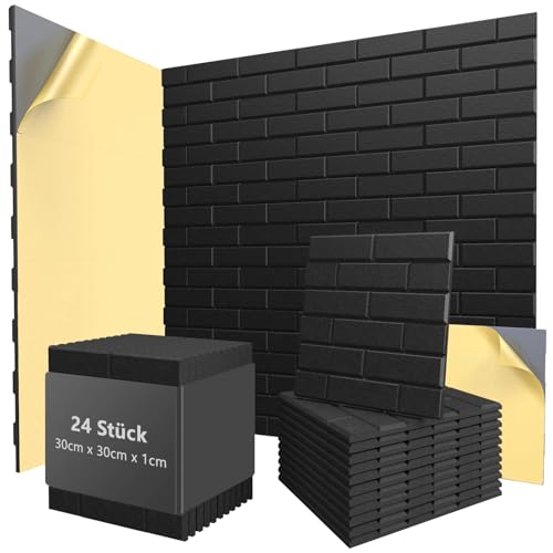 24 Stück Akustikpaneele selbstklebend, 30x30x1cm Hochdichte Akustikschaumstoff Wand für Akustische Behandlung & Wanddekoration, Schalldämmung für Studio, Büro, Heim (Schwarz)