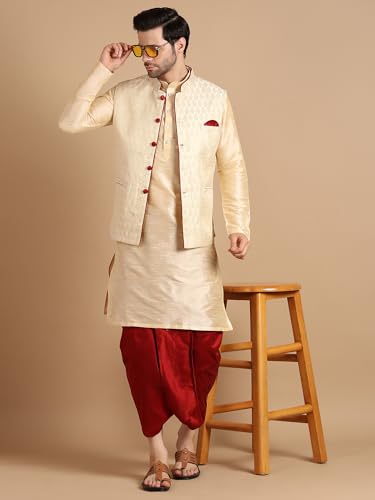 Image of Men's Silk Blend Solid Kurta Dhoti Set with Designer Ethnic Nehru Jacket