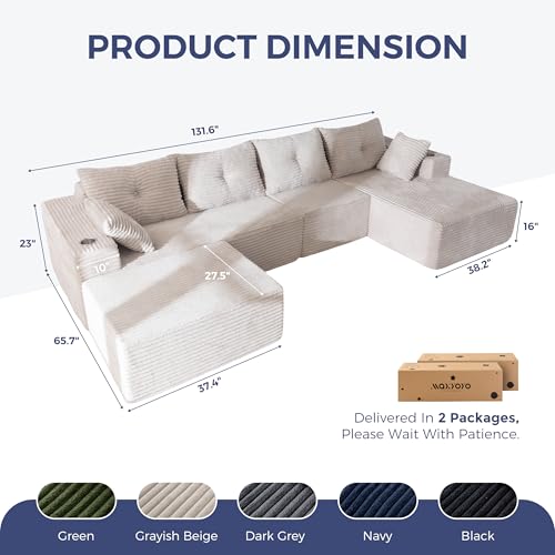 Image of MAXYOYO Boneless Couch, 132 inch U-Shaped Modular Sofa, Right-Facing Chaise | Grayish Beige Giant Sofa in a Box Oversized Deep Seating, Modular Comfort and No Assembly, Ideal for Spacious Living Rooms.