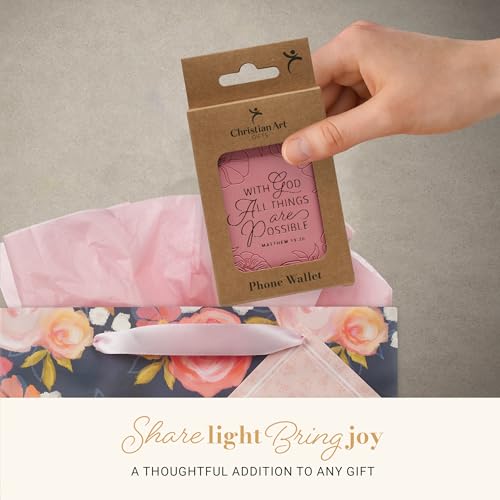 Image of Christian Art Gifts Magnetic Faux Leather Phone Wallet for Women: Pink Debossed Florals & Gold, All Things are Possible Inspiring Scripture Design, Mag-Safe Compatible, Cash & Card Holder, 3.8 inch x 2.5 inch
