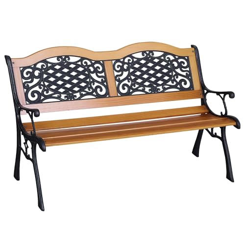 Outsunny 50' Outdoor Garden Bench, Park Bench with Pine Wood Seat, Antique Plastic Flourish Backrest, Patio Loveseat for Porch, Backyard, Deck, Lawn, Outside Pool, Antique Green and Natural Wood