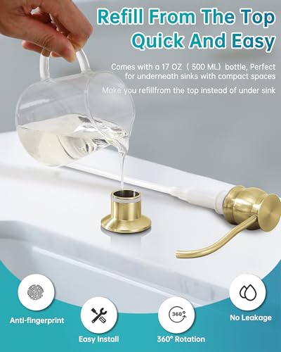 Image of Built in Deck Mount Liquid Lotion Kitchen Countertop Metal Soap Dispenser, Brushed Gold Brass Dispenser Pump with 500ml (17oz) High Capacity Bottle
