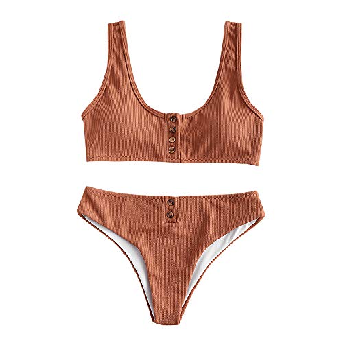 ZAFUL Buttons Bikini Set Ribbed Adjustable Straps Swimsuit Cheeky Bathing Suit Light Brown